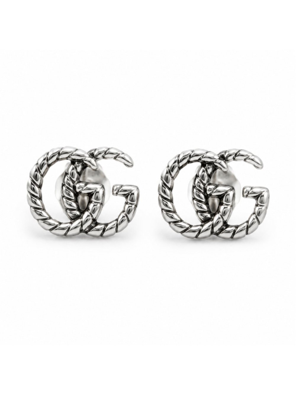 Gucci Interlocking GG Silver Tone Rope Logo Stud Earrings Designer Jewelry